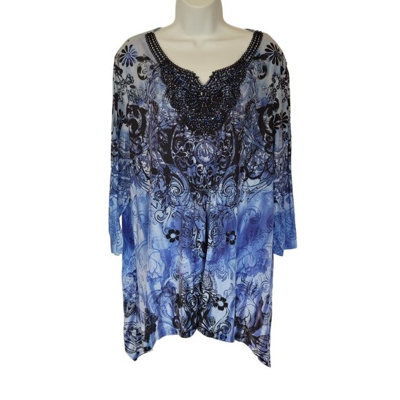 Simply Emma Tunic Top 2X Blue Black Beaded Crochet Neckline Empire Waist 3/4 Sle - Picture 1 of 6